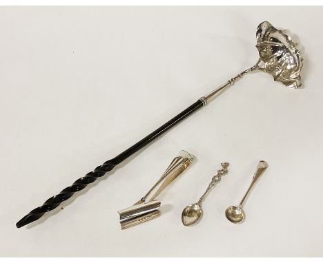 SILVER PUNCH LADLE, TWO SILVER SPOONS &amp; ASAPARAGUS TONGS
