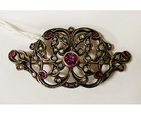 GOLD &amp; SILVER ROSE CUT DIAMOND &amp; AMETHYST BROOCH