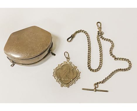 HM SILVER TRINKET BOX, SILVER ALBERT CHAIN &amp; SILVER COIN PENDANT