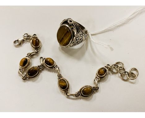 STERLING SILVER TIGER EYE BRACELET &amp; RING
