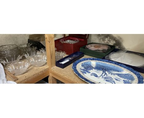 A blue and white pottery meat plate together with glass dishes, Royal Worcester cake plate, glass bowls etc 