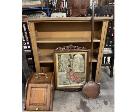 A 20th century oak bookcase together with a walnut coal purdonium, tapestry pole screen top and a copper bedwarming pan