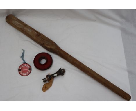 Railwayana - A signal lever collar, painted red, together with a shunter's pole, a wheel screw and a "Disconnected Workman" e
