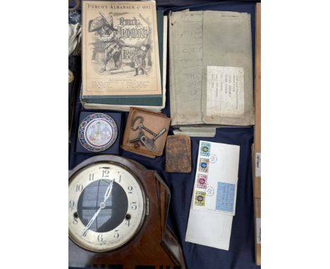 A printing set together with a walnut mantle clock, Punch pamphlet, scrap book etc