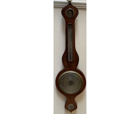 A 19th century rosewood onion topped banjo barometer, with hydrometer, alcohol thermometer, silvered dial and spirit level in