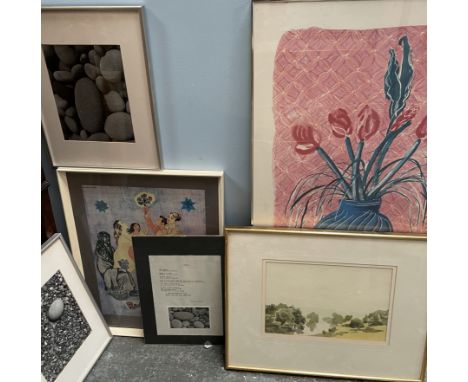 A David Hockney print together with pebble photographs, poster and print