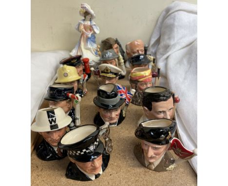 A collection of Royal Doulton character jugs, including W G Grace, Len Hutton, Brian Johnson, Sir Winston Churchill, The Poli