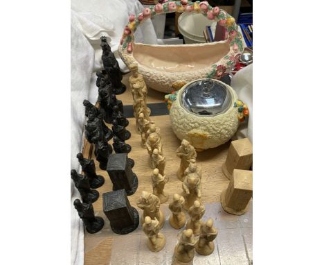 A Clarice Cliff Celtic harvest pot and cover, together with a Clarice Cliff pink Celtic Harvest pattern basket and a chess se