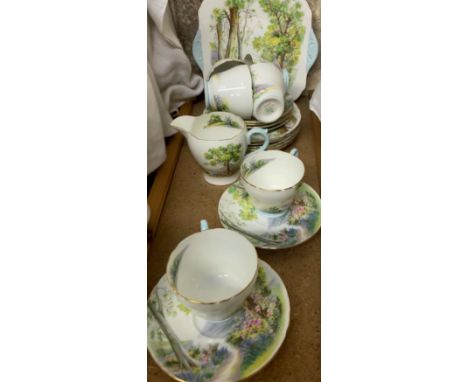 A Shelley Woodland pattern part tea set, No.13348, comprising six cups, six saucers, six side plates, bread and butter plate 