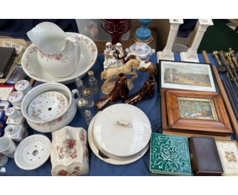 A Beswick horse together with pottery tiles, shoe liquer flasks, prints, Staffordshire figure group, toilet set, ruby glass l