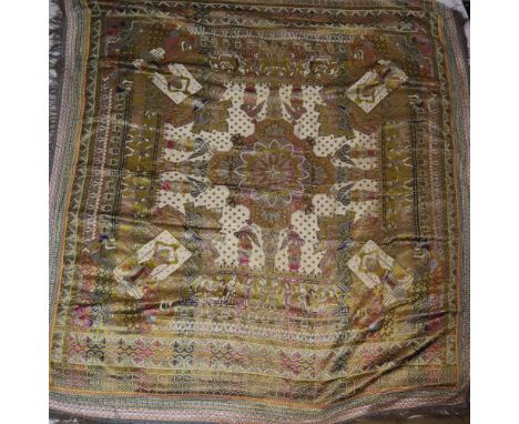 An Egyptian bed spread, embroidered with figures, birds and flowers