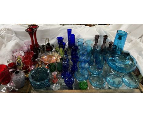 A Carnival glass dish together with a collection of blue glass, amethyst glass ruby glass, etc