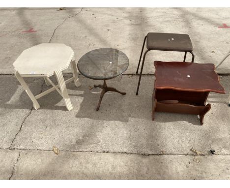 A WHITE OCCASIONAL TABLE, MAHOGANY WINE TABLE, MAHOGANY MAGAZINE RACK TABLE AND YAMAHA ORGAN SEAT 