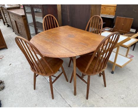 AN ERCOL STYLE DROP LEAF OAK DINING TABLE AND FOUR CHAIRS 