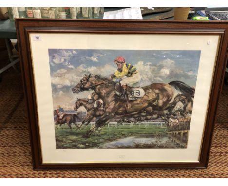 A CLAIRE EVA BURTON 'THE WATER JUMP' HORSE RACING LIMITED EDITION PRINT 753/850 FRAMED AND GLAZED, 85 X 68.5 CM 