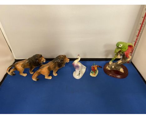 SIX VARIOUS CERAMIC FIGURES TO INCLUDE 3 BIRD FIGURES AND 3 LION FIGURES 