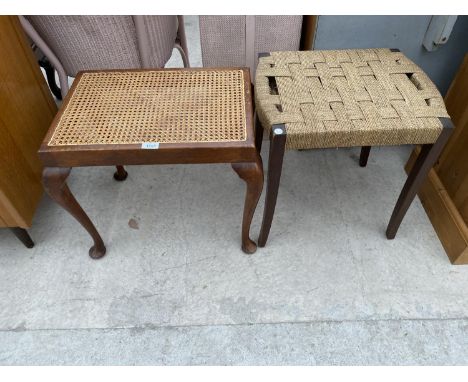 A MAHOGANY STOOL WITH RATTAN SEAT AND AN OAK STOOL WITH WOVEN SEAT 