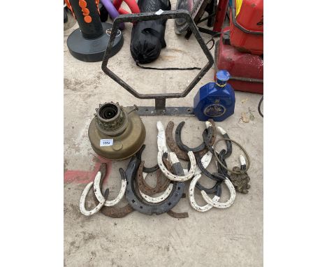VARIOUS HORSE SHOES, A BRASS OIL LAMP ETC 