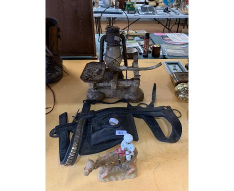 THREE VINTAGE ITEMS TO INCLUDE A TILLEY LAMP, HEAVY HORSE BLINKERS, SCALES (NO PAN) AND A CAMEL 