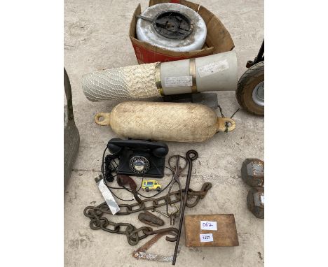 VARIOUS ITEMS - A BUOY, MEAT JOINT WRAPPER, TWO MILK GLASS SHADES, BRIAR PIPE, TELEPHONE ETC 