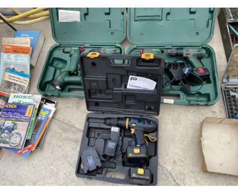 THREE CASED TOOLS TO INCLUDE A PRO CORDLESS DRILL, A BOSCH THREE TOOL SET AND A FURTHER SET (NO BATTERIES) 