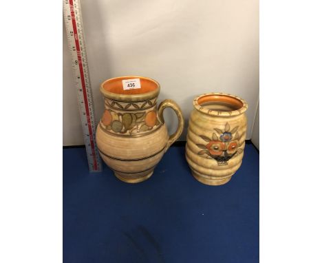 TWO CHARLOTTE RHEAD CROWN DUCAL FRUIT AND FLORAL DECORATED JUG AND VASE, ORANGE, CREAM AND BROWN TONES 