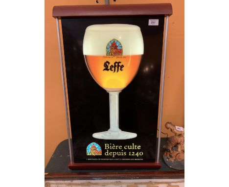A LARGE LIGHT UP LEFFE BEER ADVERTISING SIGN IN WORKING ORDER 