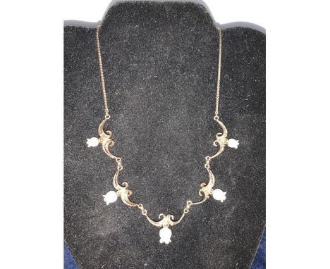 VINTAGE ROLLED GOLD FILIGREE NECKLACE WITH BONE CARVED ROSE BUD DECORATION APPROX 20 INCH 