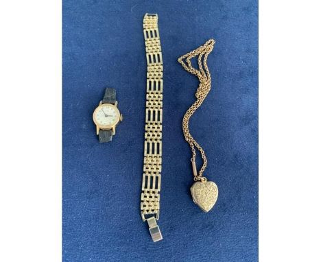 VINTAGE ROLLED GOLD HEART LOCKET AND CHAIN, LADIES TIMEX MANUAL WATCH AND A GOLD PLATED GATE BRACELET. 