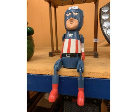 A VINTAGE STYLE LARGE WOODEN CAPTAIN AMERICA SHELF PUPPET FIGURE 40CM 