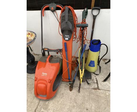 VARIOUS GARDEN TOOLS - A FLYMO HOVER MOWER, FLYMO GARDEN VAC, A STRIMMER, LOPPERS ETC 