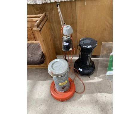 TWO PARAFFIN HEATERS AND A VINTAGE ANGLE POISE LAMP 