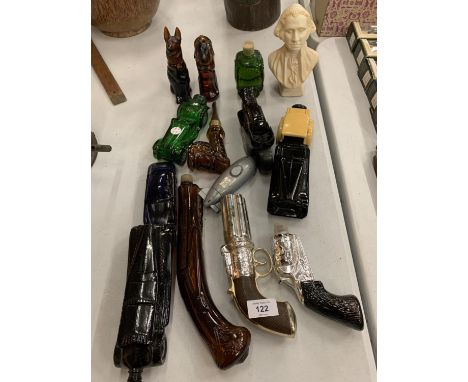 FIFTEEN VARIOUS AVON BOTTLES TO INCLUDE GUNS, PIPE, CARS, HORSE, DOG ETC 