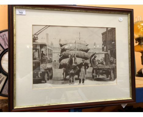 A ALEX CORINA 'STICKER LANE' HORSE AND CART STREET SCENE LIMITED EDITION PRINT 11/100 FRAMED AND GLAZED. 53.5 X 42 CM 