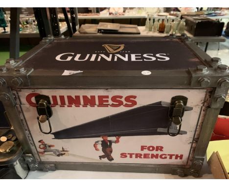 A VINTAGE INDUSTRIAL STYLE GUINNESS LEATHER EFFECT STORAGE TRUNK 46CM 