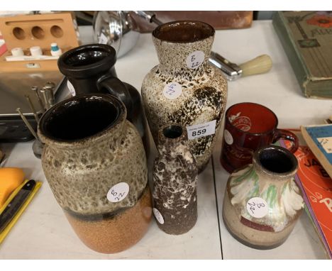 FIVE SMALL WESTEREN GERMAN STUDIO POTTRY VASES AND A RUBY GLASS ETCHED MUG AND A 