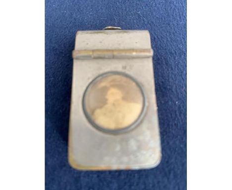 EARLY 20TH CENTURY SILVER PLATED ON BRASS NOVELTY VESTA CASE WITH PORTRAIT TO FRONT, NAME TO REVERSE INDISTINCT 