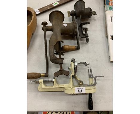 THREE VINTAGE ITEMS TO INCLUDE A PEELER,  A KENRICK MINCER AND A SIDDONS MINCER 