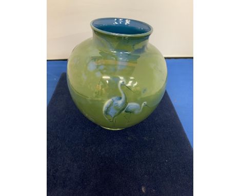 A ROYAL WORCESTER SABRINA WARE GREEN VASE WITH STORK DECORATION 