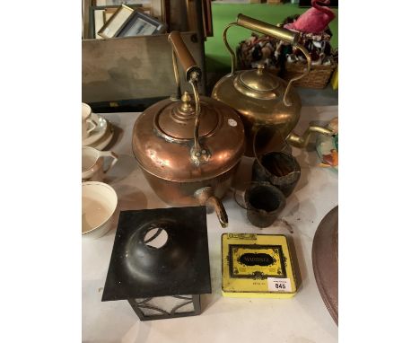 TWO VINTAGE KETTLES ONE COPPER ONE BRASS,TWO POTS ETC 
