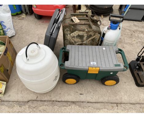 A GARDEN TROLLEY SEAT, JERRY CAN, HAND SPRAYER ETC 