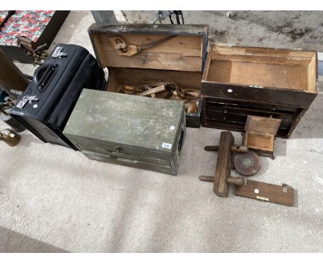 TWO WOODEN TOOL BOXES, AN ENGINEER'S WOOD TOOL CHEST, A BLACK BRIEFCASE AND VARIOUS TOOLS CLAMP, TAPE MEASURE ETC 