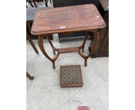 AN UNUSUAL INLAID MAHOGANY SIDE TABLE WITH LOWER SHELF AND A SMALL MAHOGANY FOOTSTOOL 