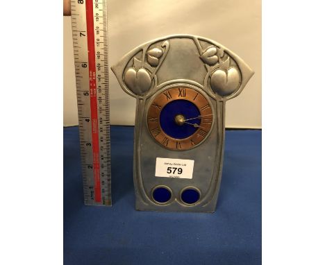 ART NOUVEAU STYLE PEWTER MANTLE CLOCK WITH BLUE ENAMEL DECORATION 7 CM 