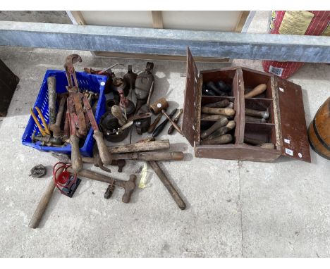 VARIOUS VINTAGE TOOLS - SIX OIL CANS, HAMMERS ETC 