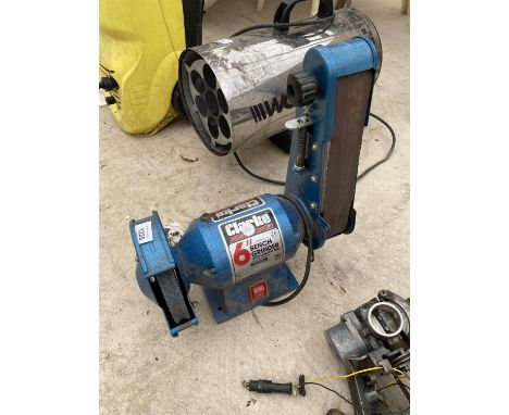 A CLARKE METAL WORKER 6 INCH BENCH GRINDER WITH SANDING BELT IN WORKOING ORDER 