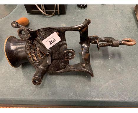 A CAST IRON 'MADE IN ENGLAND NO 12' COFFEE GRINDER 