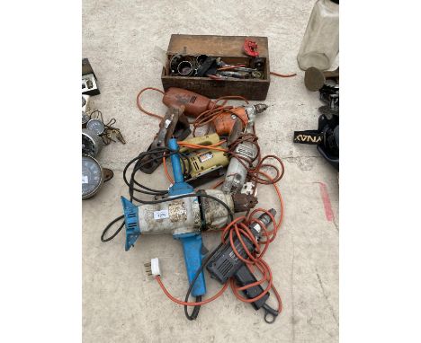 VARIOUS TOOLS - FOUR DRILLS, ANGLE GRINDER, JIGSAW, SPANNERS ETC 