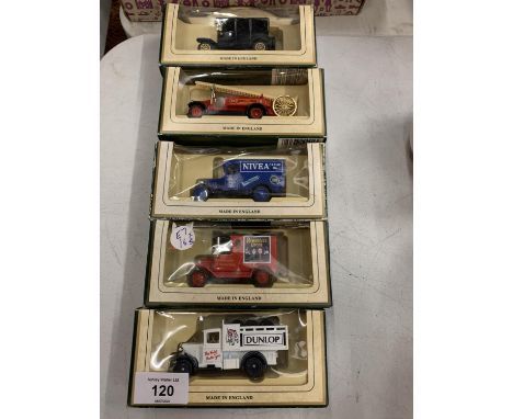 FIVE LLEDO BOXED VINTAGE VEHICLE MODELS TO INCLUDE A FIRE ENGINE, NIVEA CREME VAN, DUNLOP ETC 