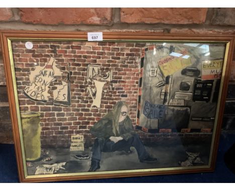 A VINTAGE FRAMED ABSTRACT 'CLOSING DOWN SALE' ORIGINAL WATERCOLOUR UNSIGNED 44X63CM 